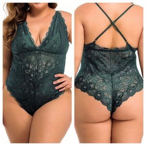 Women Plus Size Lace Green Bodysuit Teddy Lingerie One Piece Babydoll